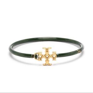 NWT Tory Burch Kira Green Enamel, Gold Logo Hinged Cuff Bracelet